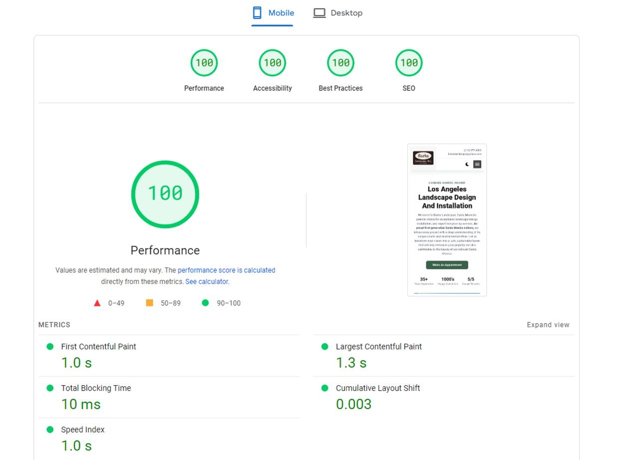 A screenshot showing perfect Google PageSpeed scores